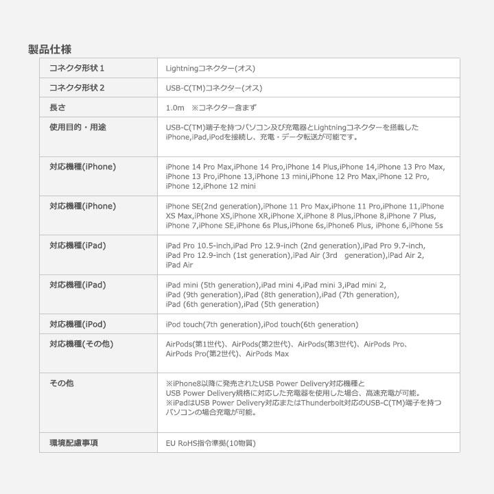 USB C-Lightningケーブル 準高耐久 1.0m iPhone iPad iPod 充電 データ転送 ブルー ゴールド グレー ピンク レッド シルバー メール便送料無料 |  | 12