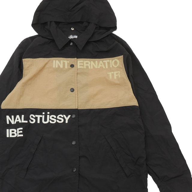 STUSSY フード付きナイロンジャケット 黒/黄緑