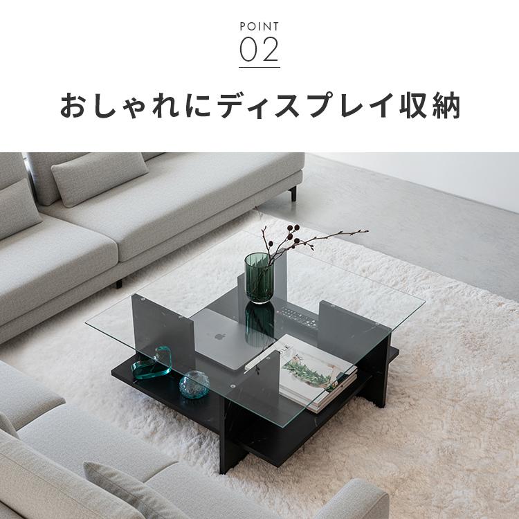 ガラス天板センターテーブル おしゃれ リビングテーブル 家具  ガラス天板 収納付き ローテーブル 大理石柄 正方形 一人暮らし 高級感 モダン 黒 |  | 05