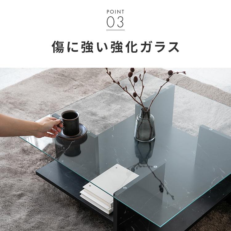 ガラス天板センターテーブル おしゃれ リビングテーブル 家具  ガラス天板 収納付き ローテーブル 大理石柄 正方形 一人暮らし 高級感 モダン 黒 |  | 07