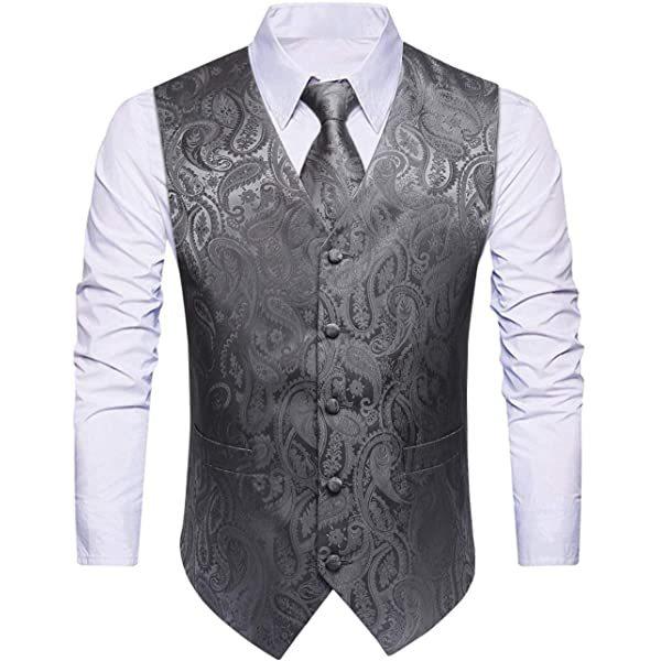 グレー スーツ ベスト メンズ フォーマル 柄ベスト ジレ ネクタイ チーフ 3点セット 2ポケット Vネック タキシード 結婚式ベス 低廉