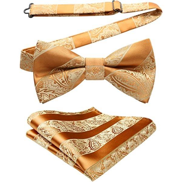 ゴールド 蝶ネクタイ メンズ ワンタッチ チーフ セット 絹シルク ボウタイ 結婚式 ペイズリー 柄 クリップ式 簡単着 最大の割引