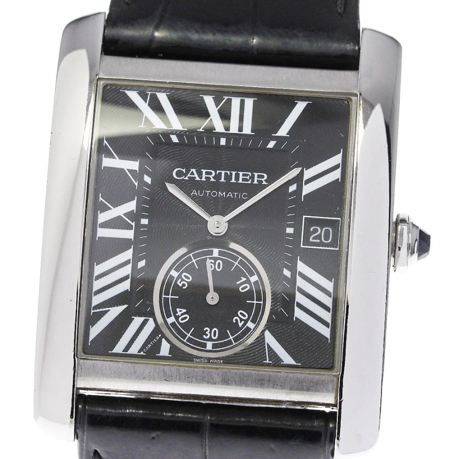 カルティエ Cartier 腕時計 タンクMC W5330004 レクタンギュラー ブラック文字盤 裏スケ デイト カレンダー スモールセコンド アリゲーター 革 ベルト SS 自動巻き 【中古】 Cartier（カルティエ） ベルト訳あり箱・保証書付き【CARTIER