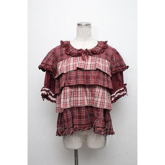 PINK HOUSE ローンフリルブラウス 赤 PINK HOUSE / オリジナルチェックxローンフリルブラウス 赤 S-24-11
