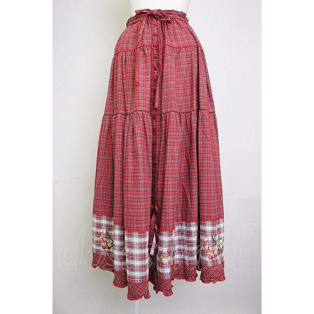 PINK HOUSE / 野ばらとチェリー刺繍タータンチェックスカート 赤 T-25