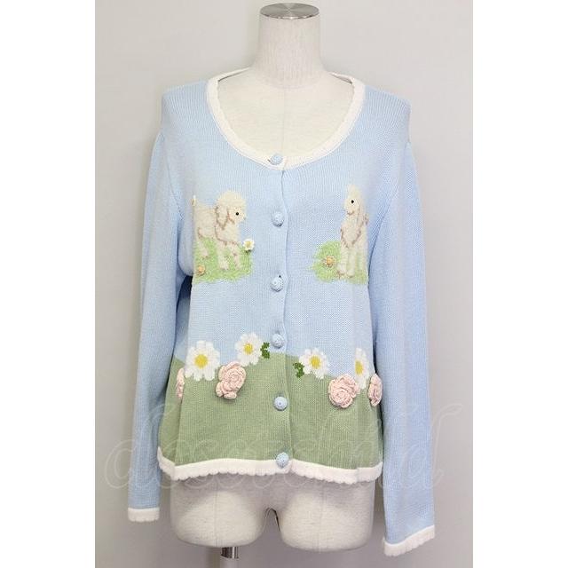 新品 未使用 ピンクハウス ブルー系 パッチワーク いちご カーディガン ニット PINK HOUSE / まきばのひつじ柄ニットカーディガン 青 T-25-06-23-004