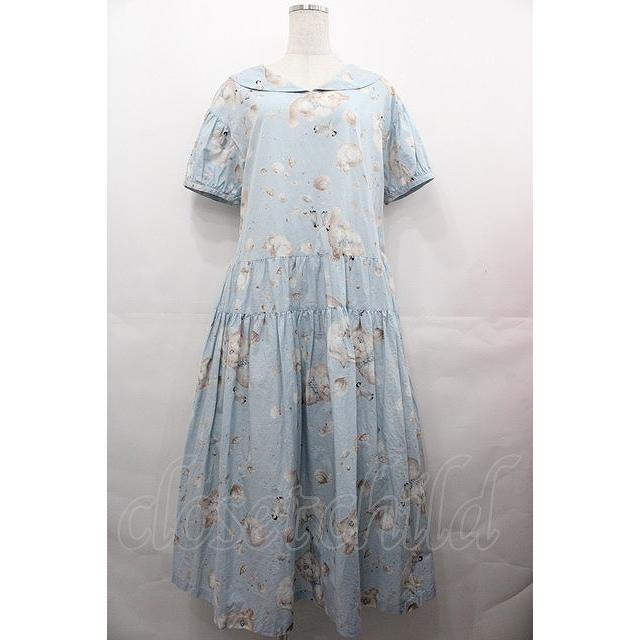 PINK HOUSE / さざ波とねこプリントミディワンピース ライトブルー I