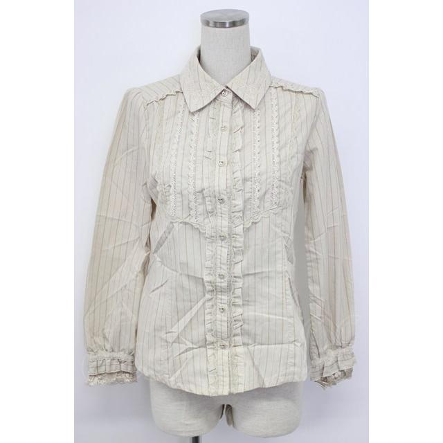 axes femme / 王冠ボタンストライプフリルブラウス M ベージュ T-26-02
