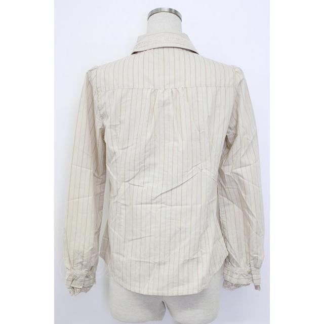 axes femme / 王冠ボタンストライプフリルブラウス M ベージュ T-26-02