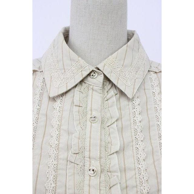 axes femme / 王冠ボタンストライプフリルブラウス M ベージュ T-26-02