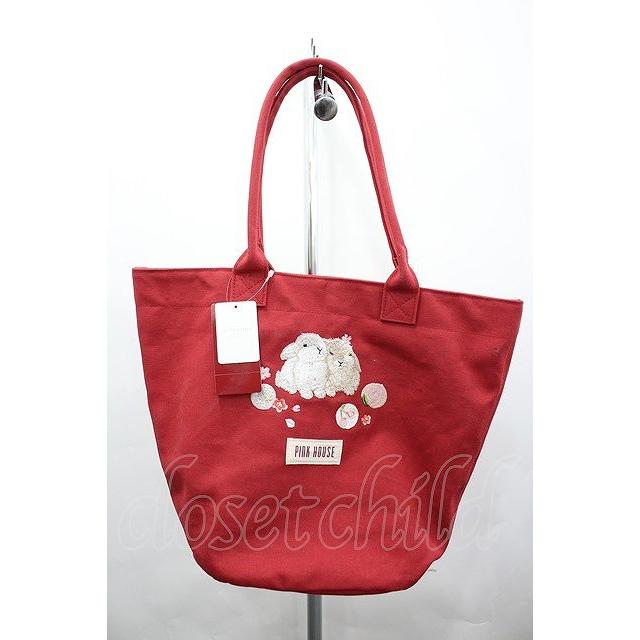 PINK HOUSE トートバッグ 幸見うさぎ刺繍 PINK HOUSE / 幸見うさぎ刺繍バッグ 赤 I-26-05-08-096-LO-BG-SA-ZT683