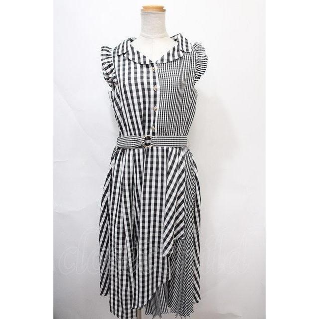 ギンガムチェックワンピース axes femme / ギンガムチェックノースリーブ開衿ワンピース M 黒 Y-24