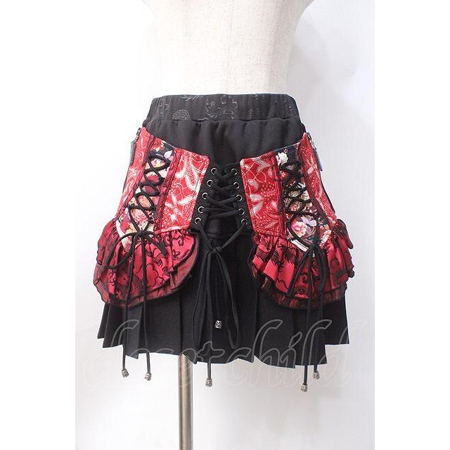 QutieFrash コルセット・スカートセット Qutie Frash / 和柄コルセット風プリーツスカート 黒×赤 Y-25-06-18