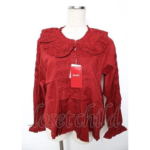 PINK HOUSE ローンフリルブラウス 赤 PINK HOUSE / リボンブローチ付きローンブラウス F 赤 Y-25-10-07-010