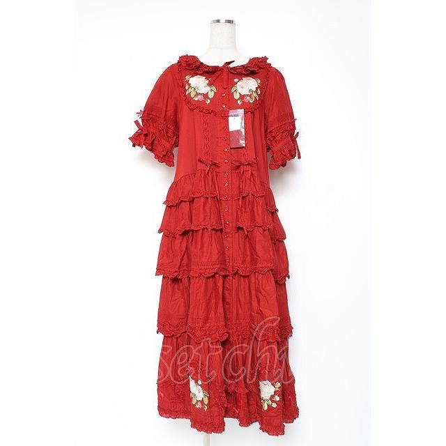 PINK HOUSE / Berry Rose刺繍入りパッチワーク風ワンピース F 赤 Y-25