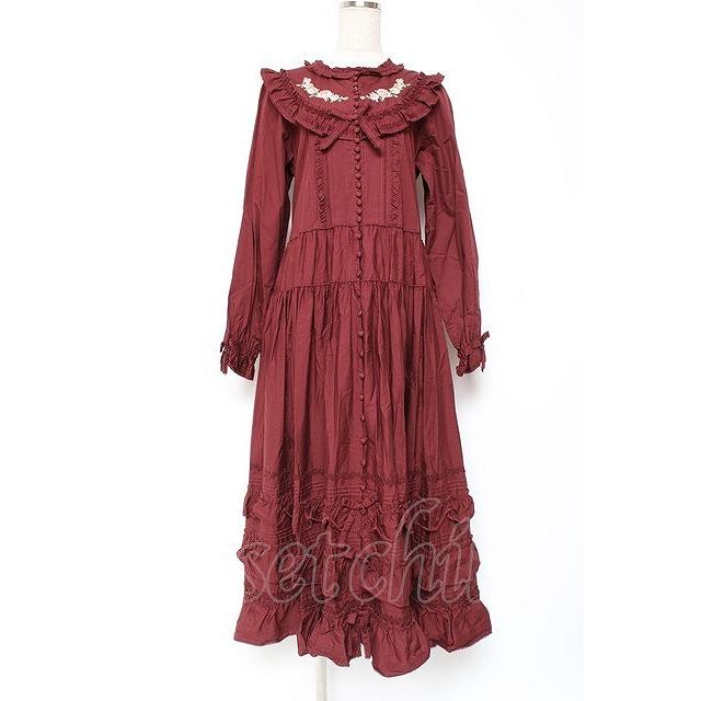 出品12/5までPINKHOUSE ワンピース PINK HOUSE / 小花刺繍入りフリルワンピース F ボルドー Y-25-12-20