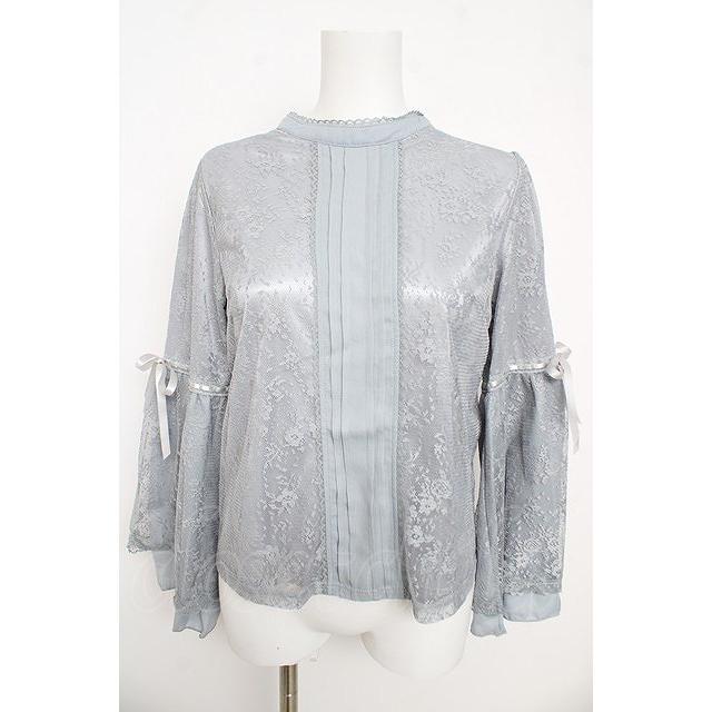 axes femme POETIQUE / リボン付レース姫袖ブラウス M グレー Y-26-03