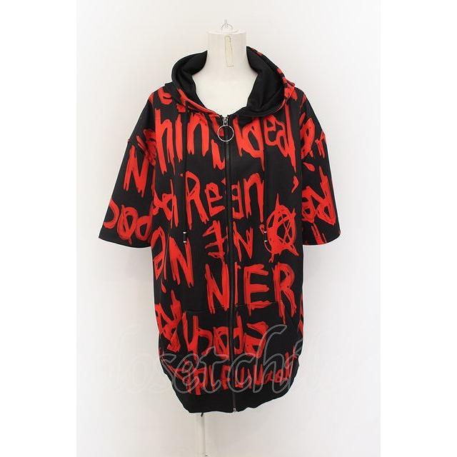 NieR Clothing / 総柄ZIP半袖パーカー ブラック×レッド O-24-09