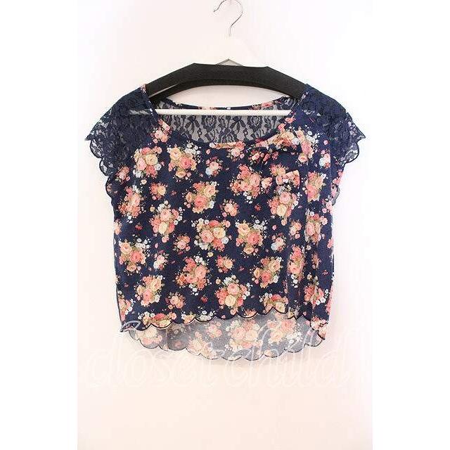 LIZ LISA / レース切り替え花柄Tシャツ 0 ネイビー O-25-12-02-053-LO