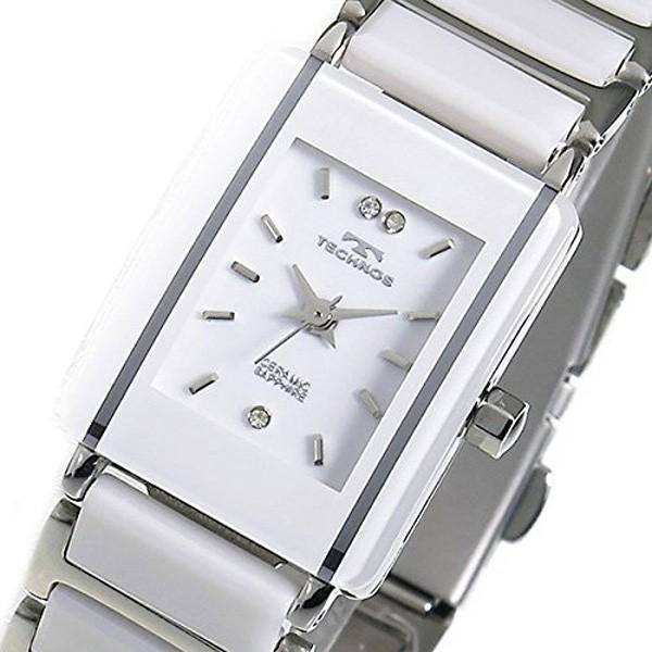 TECHNOS 正規品 TSL906TW テクノス ホワイト シルバー 電池式 クオーツ 3気圧防水 カレンダー 日付 アナログ セラミック ステンレス クリスタル レディースの画像