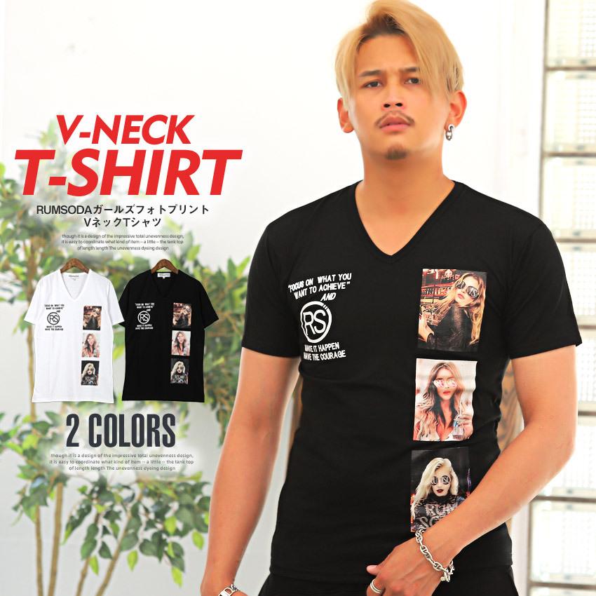 Tシャツ メンズ トップス 細身 黒 白 カットソー ロゴ プリント ガールズフォト 半袖 Vネック ビター系 05 Clothes Unit 通販 Yahoo ショッピング