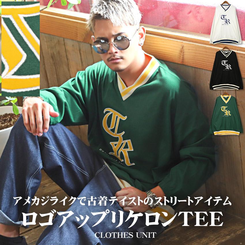 ロンT メンズ 長袖Tシャツ トップス Vネック カレッジロゴ 刺繍 ルーズ ストリート | 