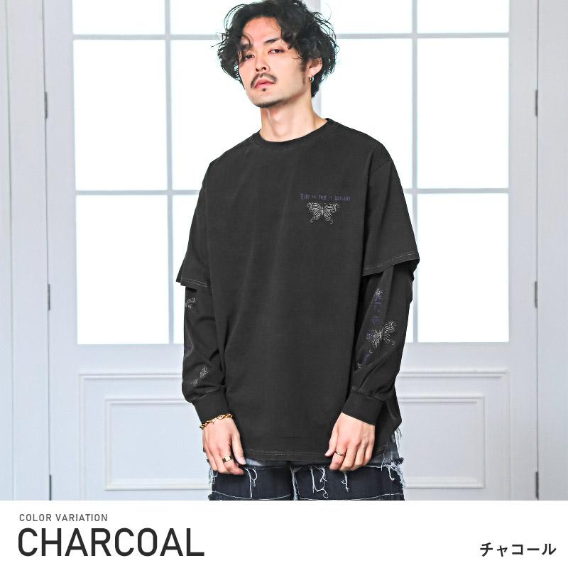 ロンT メンズ 長袖 トップス ロゴ 蝶 フェイクレイヤード ルーズ