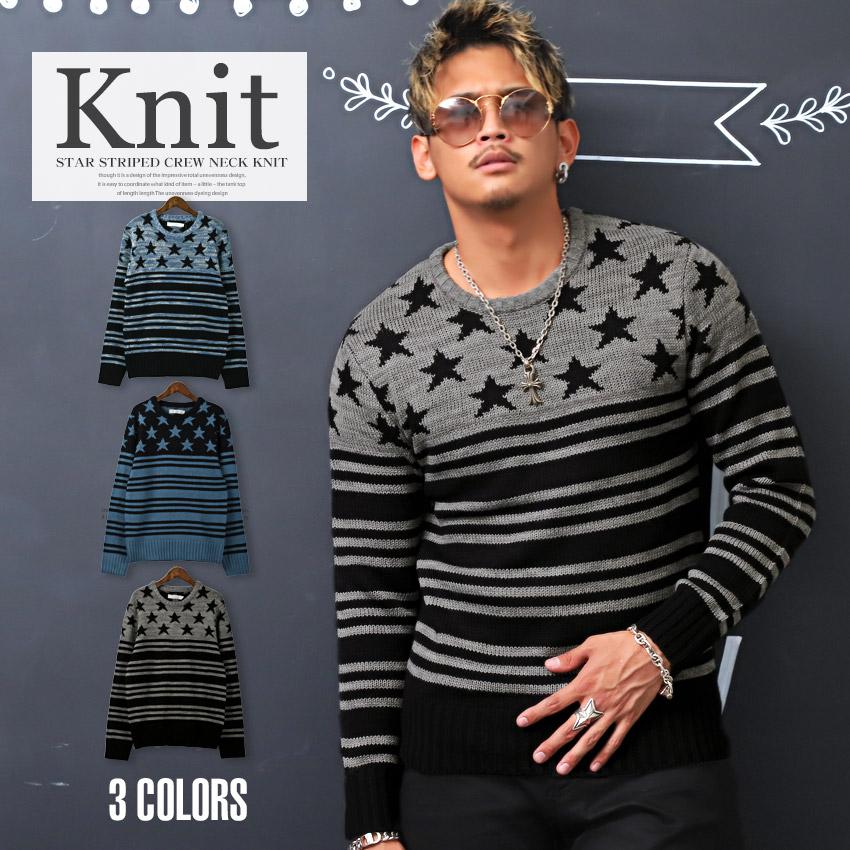 ニット メンズ セーター 星柄 星 スター ボーダー 長袖 クルーネック 星条旗 アメカジ ビター系 Pm 6697 Clothes Unit 通販 Yahoo ショッピング