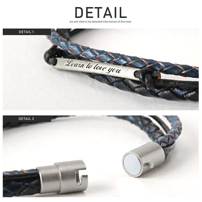 ▲メール便対象▲ ブレスレット メンズ 編み込み PUレザー プレート 刻印 3連 マグネット プレゼント アクセ ビター系 |  | 09