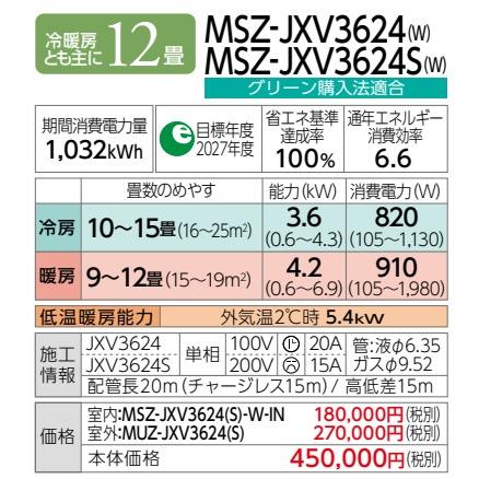 ###三菱 ルームエアコン【MSZ-JXV3624S W】ピュアホワイト 霧ヶ峰 2024年 JXVシリーズ 単相200V 主に12畳用 (旧品番 MSZ-JXV3623S W)〔ID〕｜clover-9608｜02