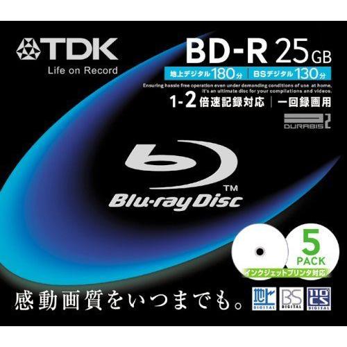 TDK 録画用ブルーレイディスク 25GB BD-R(1回録画用) 2X ホワイトワイドプリンタブル 5mmケース 5枚パック BRV25P ブルーレイ、DVDレコーダー