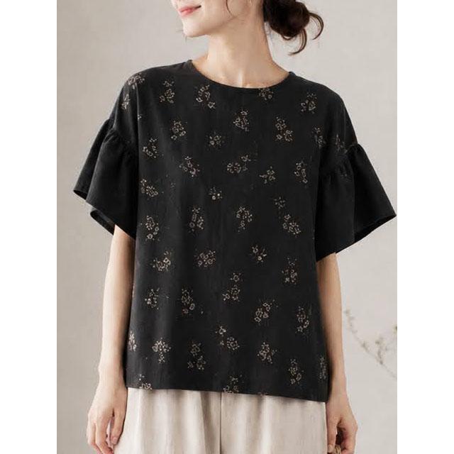m.m.o.] フレアスリーブ シャツ 草木 刺繍 半袖 ブラウス 綿100％ 春夏 