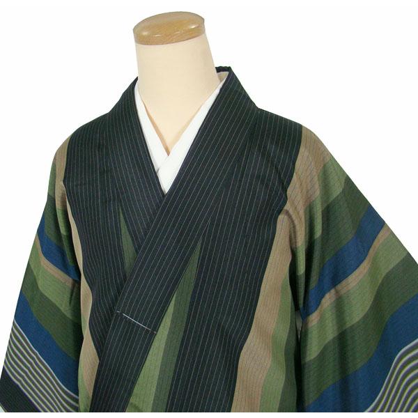 洗える着物 紬.お召 しつけ糸付き 未使用 セミロング丈 渋粋な縞織 
