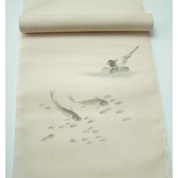 夏物 九寸なごや帯 落款入り 生つむぎ 紗織反物 未仕立て 鯉 鳥 正絹 