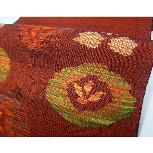 名古屋帯 型染 丸に花模様 松 花瓶 赤茶色 縮緬 ガード加工 O-5369 名古屋帯 型染 丸に花模様 松 花瓶 赤茶色 縮緬 ガード加工 O-5369