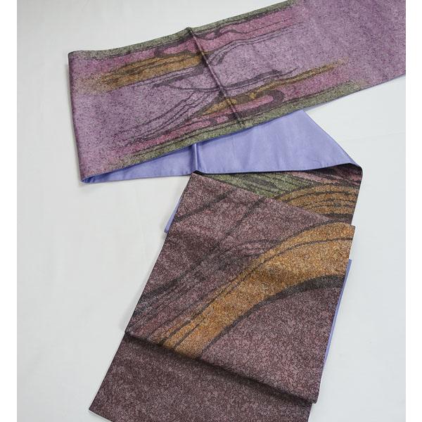 袋帯 未使用 お太鼓柄 銀糸織り込み ろうけつ調 濡れ染 曲線柄 正絹 