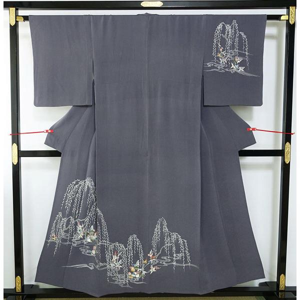 単衣のきもの 訪問着 家紋調沢潟 枝垂れ柳 刺繍柄 身丈153cm 正絹 