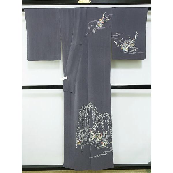 単衣のきもの 訪問着 家紋調沢潟 枝垂れ柳 刺繍柄 身丈153cm 正絹
