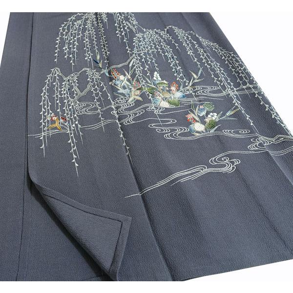 単衣のきもの 訪問着 家紋調沢潟 枝垂れ柳 刺繍柄 身丈153cm 正絹