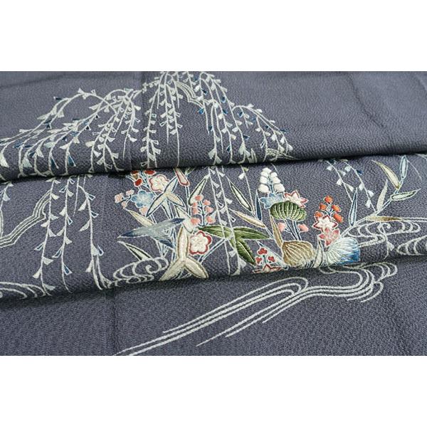 単衣のきもの 訪問着 家紋調沢潟 枝垂れ柳 刺繍柄 身丈153cm 正絹