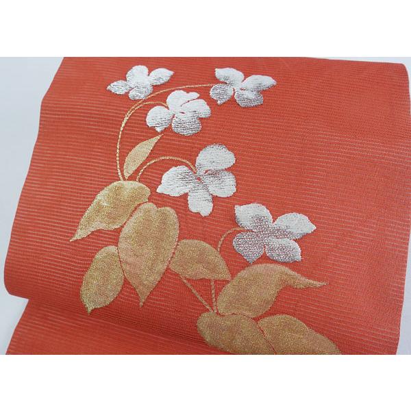 単衣〜夏物 絽綴れ九寸名古屋帯 可憐な花金銀糸刺繍柄 正絹 10741 