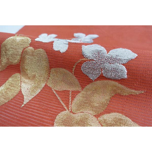 単衣〜夏物 絽綴れ九寸名古屋帯 可憐な花金銀糸刺繍柄 正絹 10741  