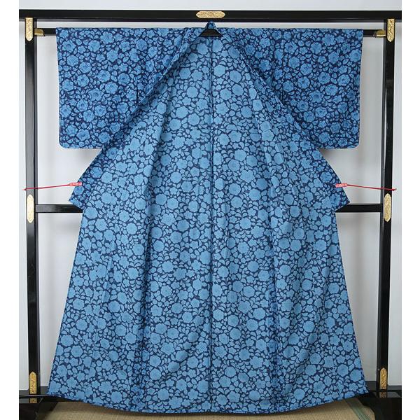 単衣のきもの 未使用 小紋 藍色 辻が花調模様 バチ衿 身丈160cm 