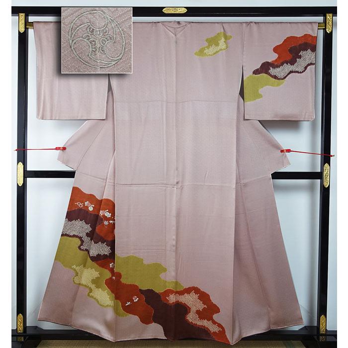 訪問着 袷のきもの 紋入り 沙綾型地紋 流水模様 菊笹七宝刺繍柄 身丈 