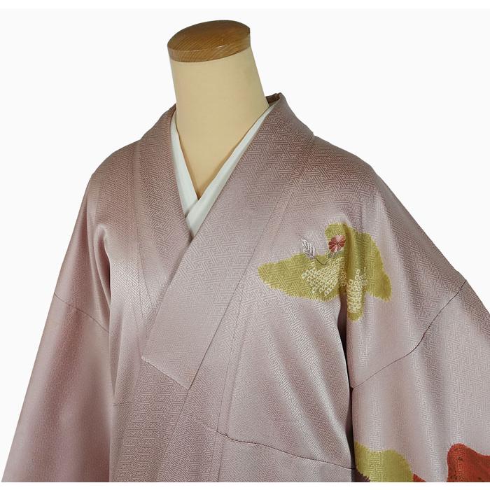 訪問着 袷のきもの 紋入り 沙綾型地紋 流水模様 菊笹七宝刺繍柄 身丈 