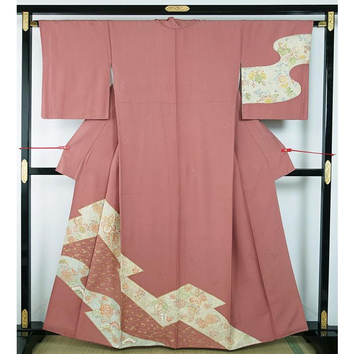 訪問着 袷のきもの 花柄地紋 流水模様 桐藤小花柄 身丈160cm 正絹 
