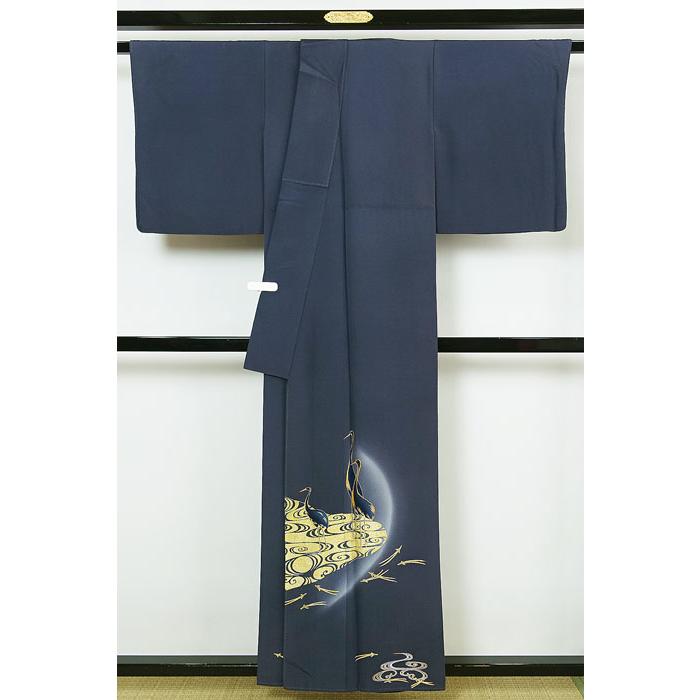 訪問着 袷のきもの 五三の桐紋入り 鶴 松葉模様 身丈155cm 正絹 