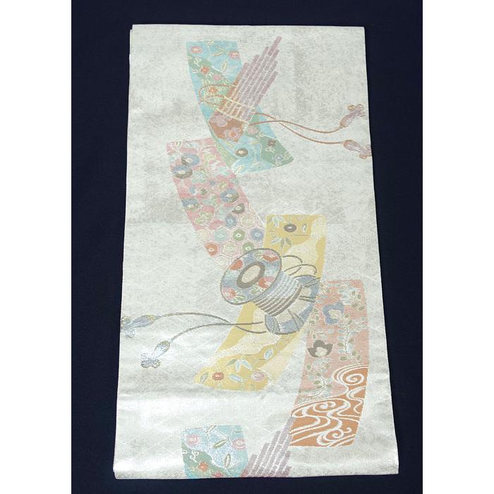 九寸名古屋帯 板箔 短冊に古典楽器 笙 鼓 お太鼓柄 正絹 10928