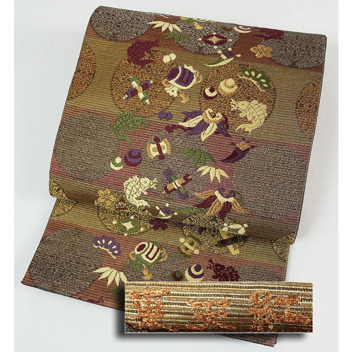 袋帯 東天紅 宝尽くし 六通柄 段織金糸織り込み 正絹 11064 : 11064  