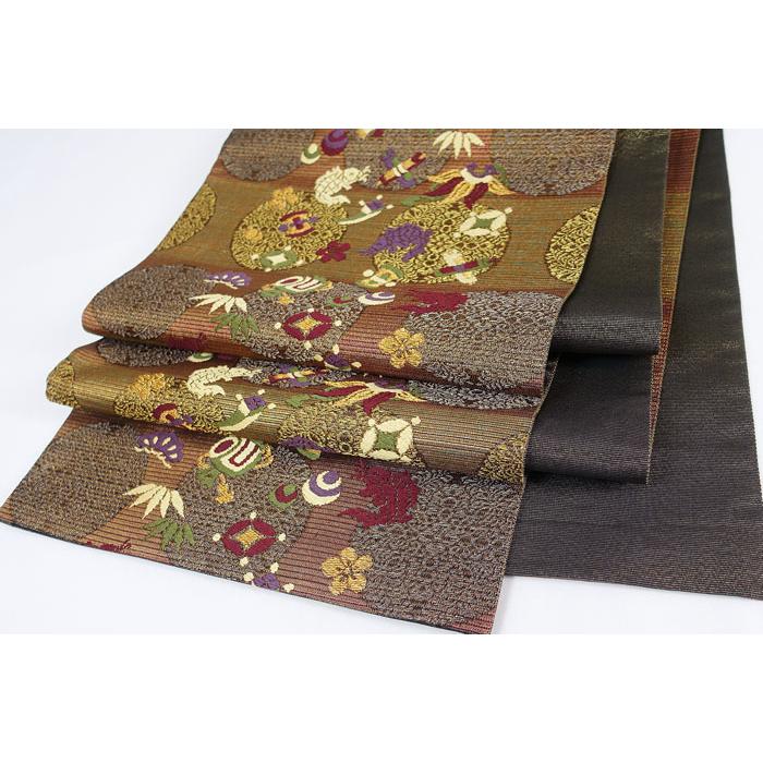 袋帯 東天紅 宝尽くし 六通柄 段織金糸織り込み 正絹 11064 : 11064  